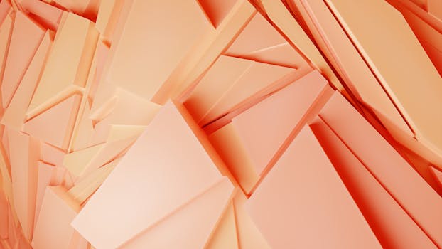 A vibrant abstract geometric design with overlapping peach-colored shapes creating a dynamic pattern.