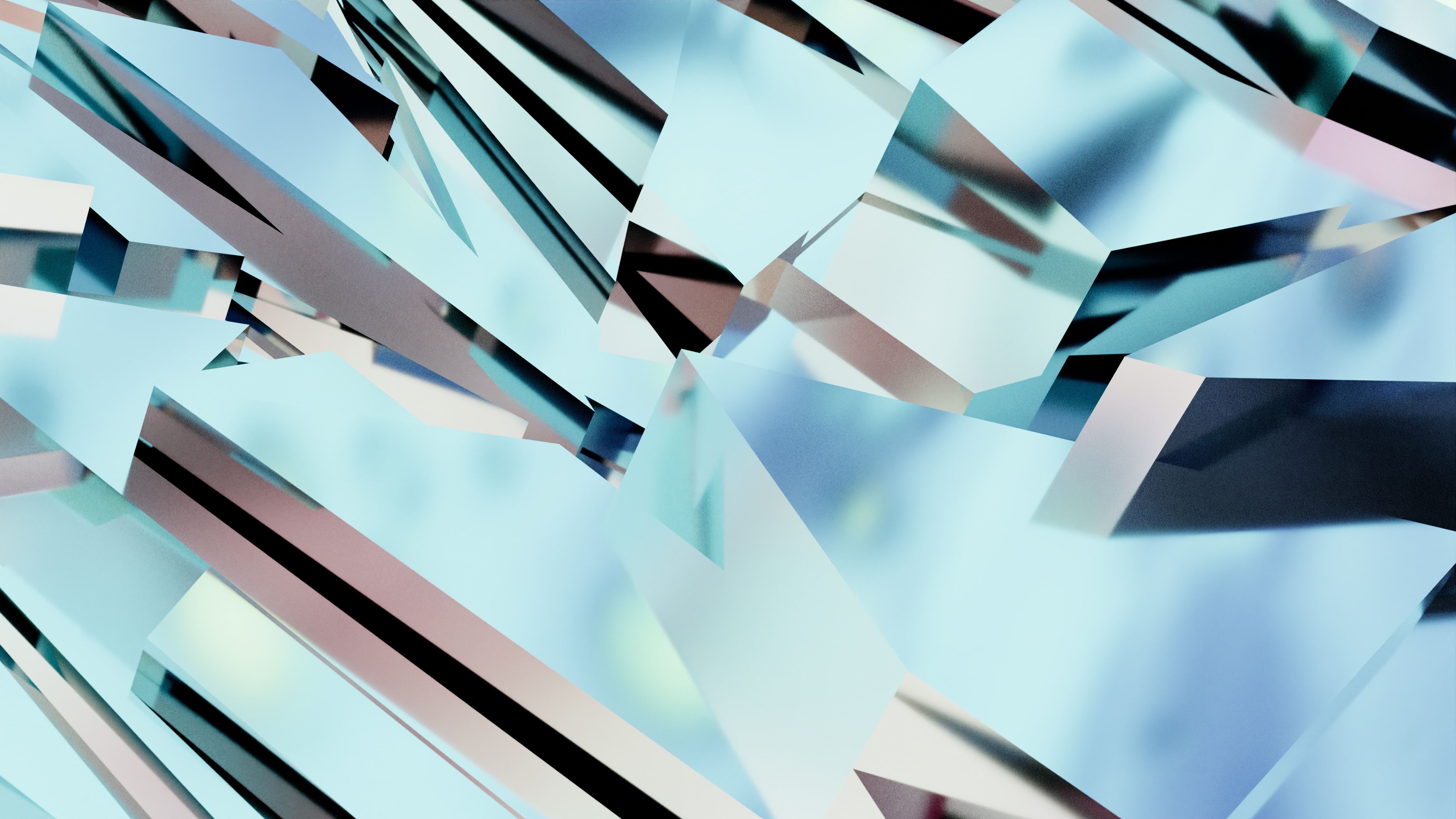Abstract image with geometric shapes and reflective surfaces in cool tones.