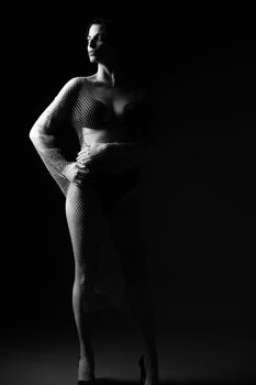 Artistic black and white portrait of a woman in a fishnet dress, captured dramatically in shadow and light.