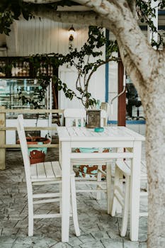 Charming outdoor café setting with white furniture under a tree, perfect for a relaxing meal.