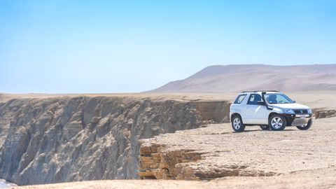 White SUV parked on a cliff edge in a vast desert landscape under a clear blue sky.