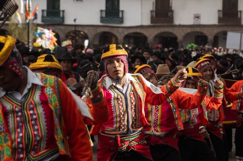 Free Vibrant traditional dance performed during a cultural festival in Cusco, Peru, showcasing colorful attire. Stock Photo