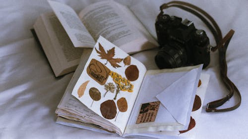 A book with a camera and a book on a bed