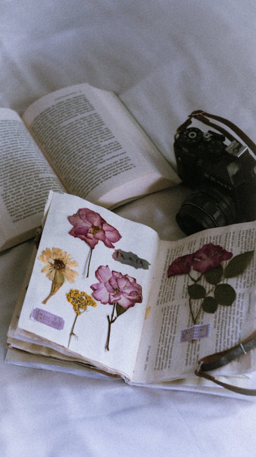 A book with flowers and a camera on a bed