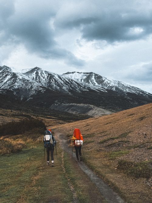 Free Two hikers explore the scenic trails of Magallanes, Chile. Stock Photo