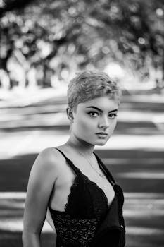 一位短发时尚女性在户外自信地摆姿势