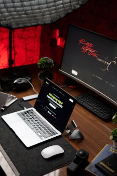 Stylish office setup featuring a laptop and monitor on a wooden desk with ambient lighting.