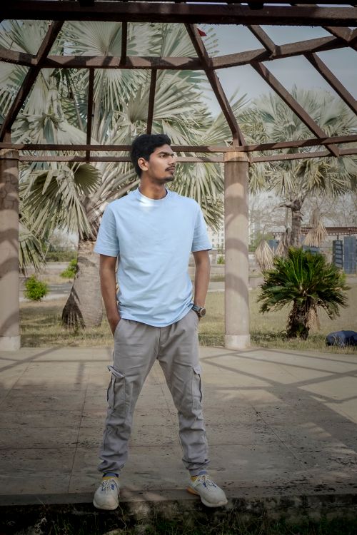 Free A young man stands confidently under a wooden bower amidst tropical palms, bathed in summer sunlight. Stock Photo