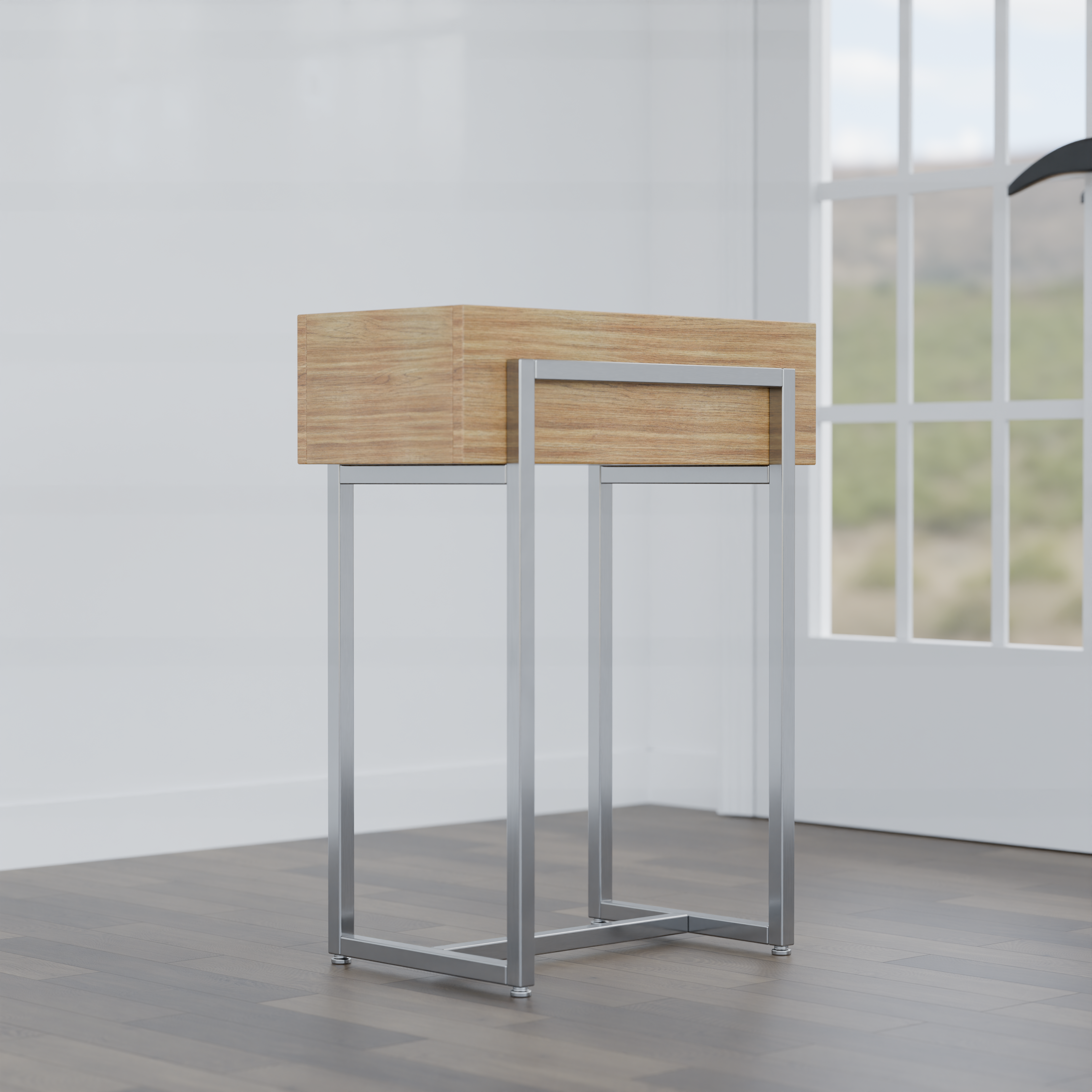A sleek wooden and metal accent table in a bright, minimalist room with a view.