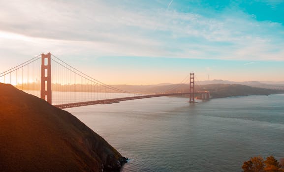 A breathtaking view of the Golden Gate Bridge during sunset in San Francisco, showcasing its iconic beauty.