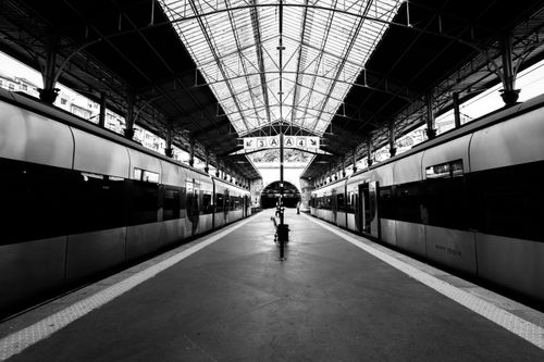 Free Striking black and white view of a train station in Porto, Portugal. Stock Photo