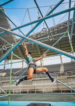 Athletic woman performing exercises on outdoor gym equipment in a stadium setting.