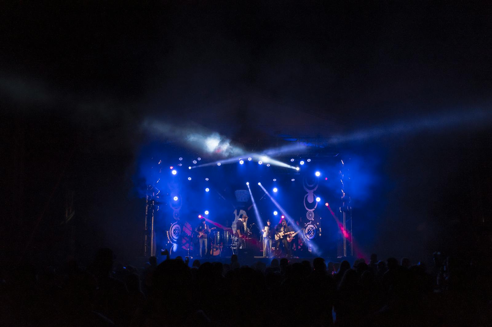 High-energy band performance on stage with engaged crowd
