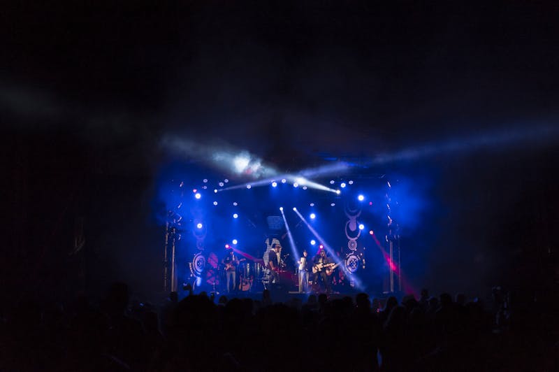 High-energy band performance on stage with engaged crowd