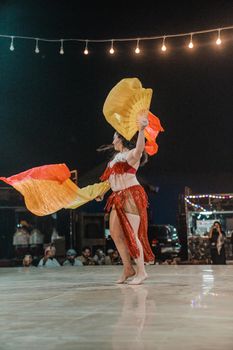 A captivating belly dancer performing with colorful shawls on a lit stage during a night show.