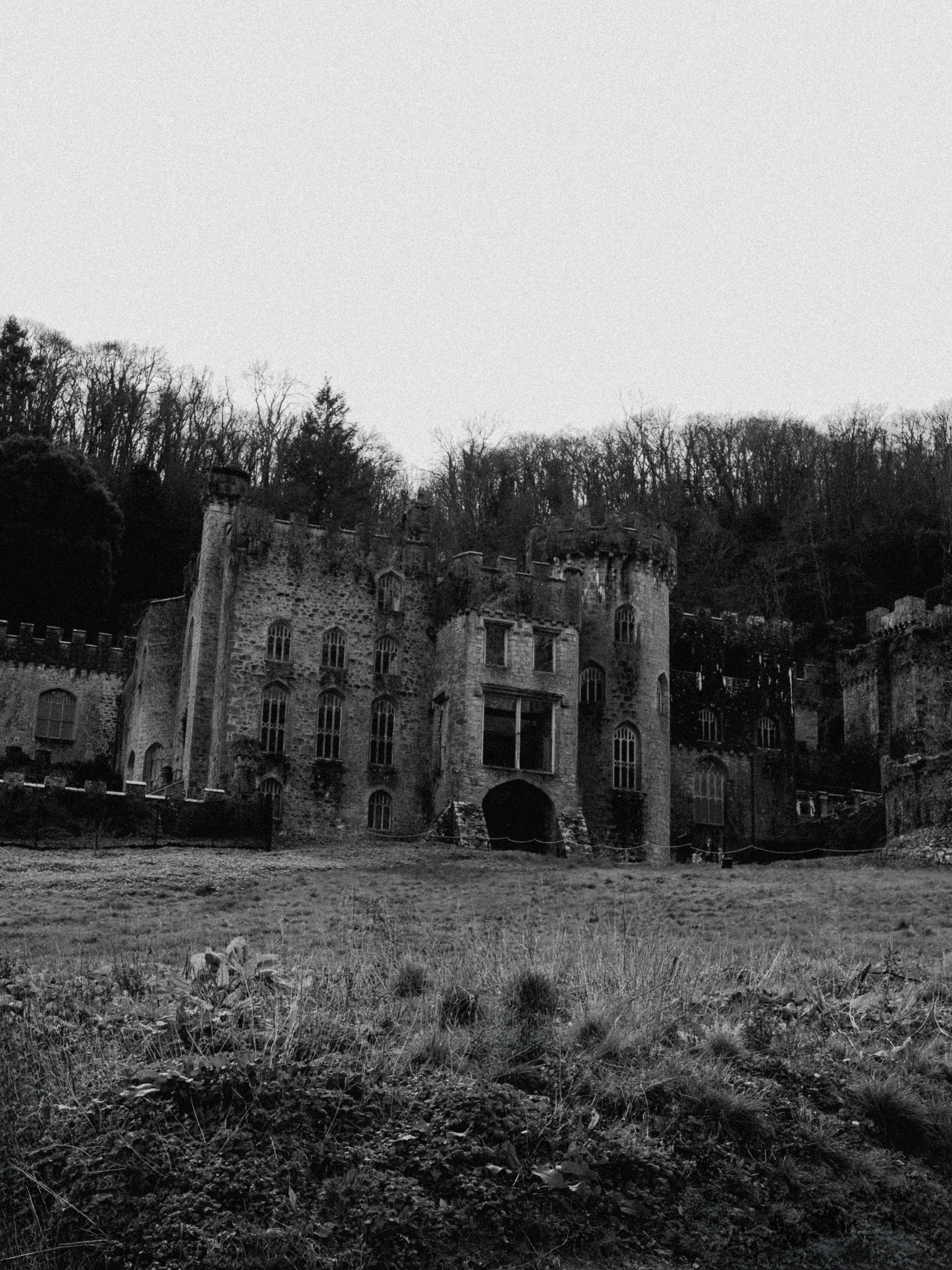Black and white photo of Gwrych Castle ruins in Abergele, Wales, surrounded by forest.