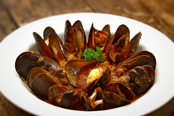 Wide white bowl of opened mussels arranged in a ring in red tomato sauce with parsley