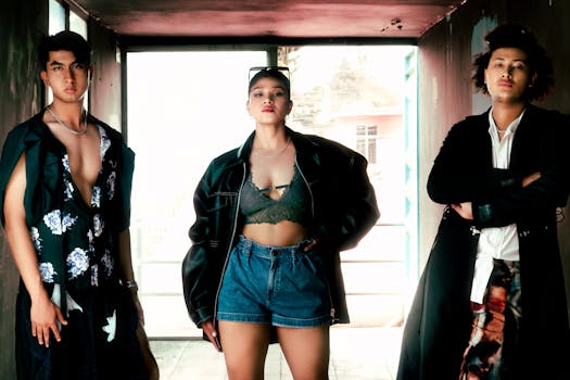 Stylish models showcase eclectic fashion in an urban setting in San Andrés Cholula, Mexico.