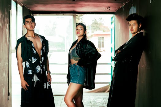 Three young models showcasing modern fashion indoors in San Andrés Cholula, Mexico.