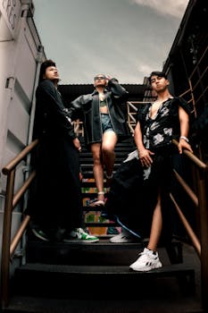 Fashionable models posing on stairs in San Andrés Cholula, Mexico, showcasing modern style.