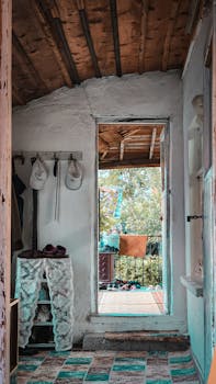 Charming rural home interior with view of balcony and nature. Perfect for lifestyle and architecture themes.