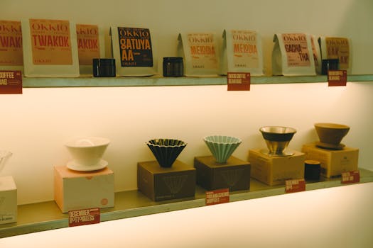 Stylish modern coffee shop display with coffee products and filters in Ho Chi Minh City.