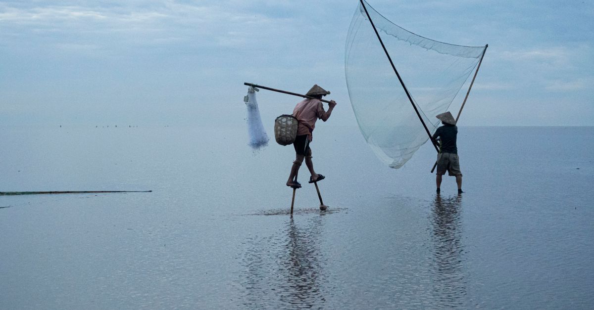 Vietnamese fishermen balancing on stilts with nets in the serene sea at dawn.