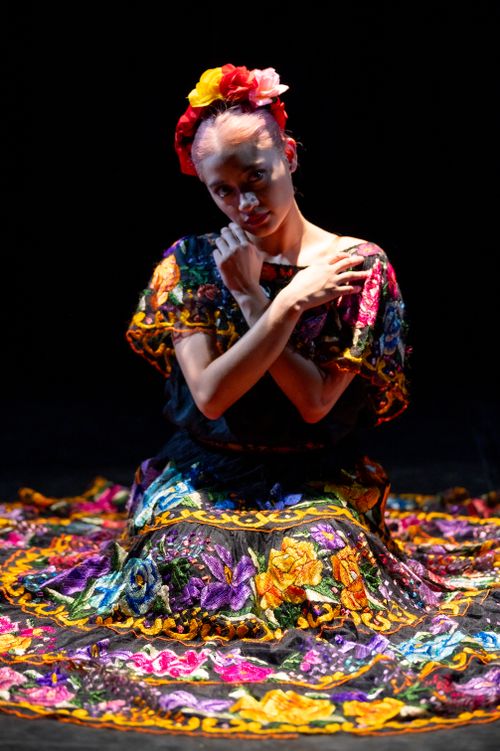 Free Vibrant folklore dance costume adorned with floral designs in Mexico City. Stock Photo