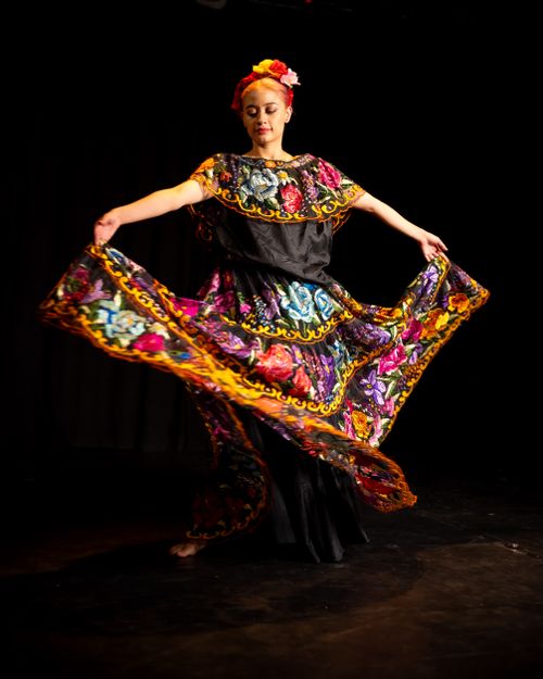 Free A woman gracefully dances in a vibrant, traditional Mexican floral dress on stage. Stock Photo