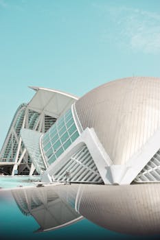 Stunning view of futuristic architecture at the City of Arts and Sciences in Valencia, Spain.