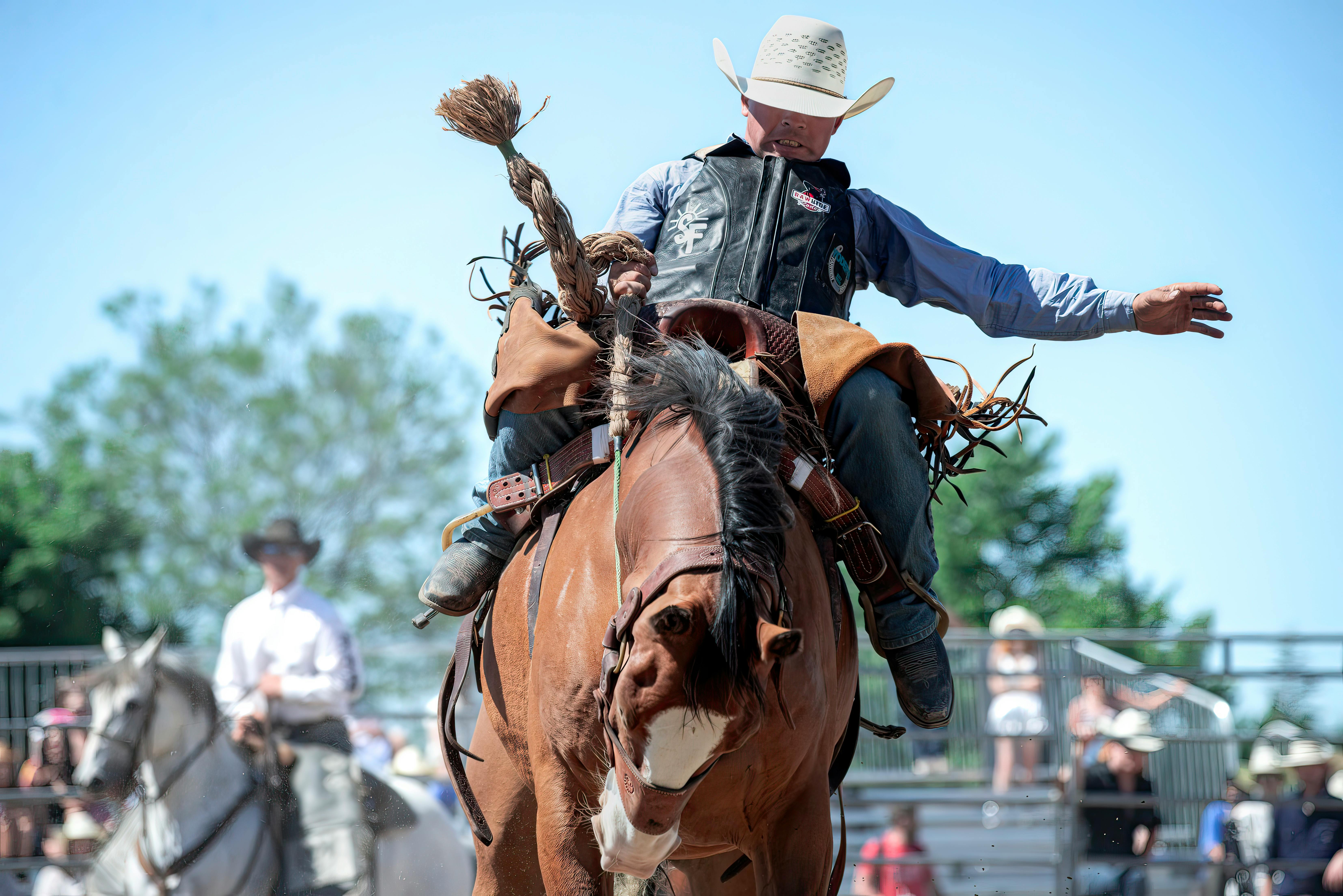 cowboy riding a bucking horse at a rodeo