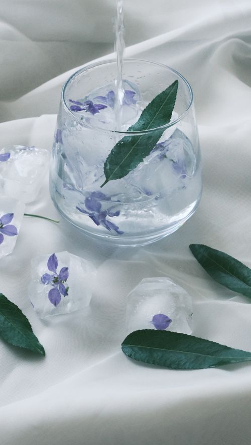 Free Close-up of a glass with ice cubes containing flowers and leaves, with water pouring in. Stock Photo
