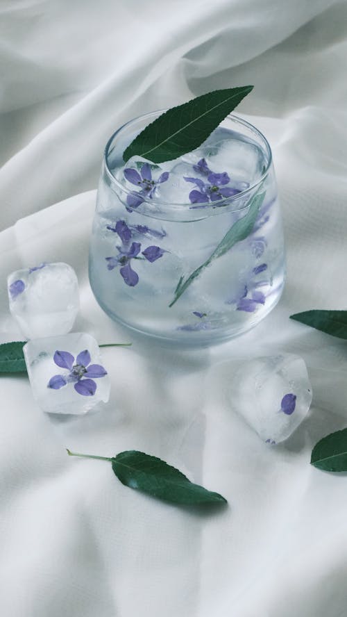 A glass of water with purple flowers and ice cubes