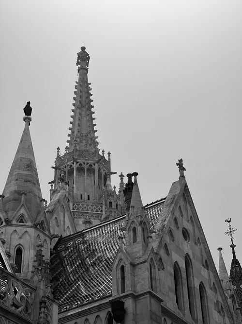 Free Monochrome view of Matthias Church towers in Budapest, Hungary showcasing Gothic architecture. Stock Photo