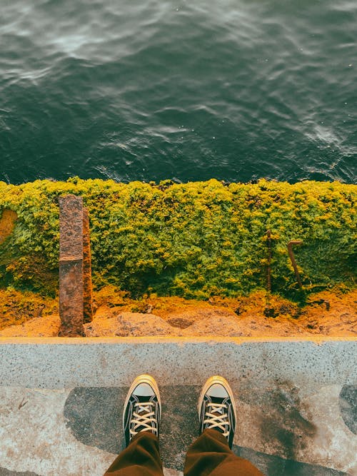 A person standing on a ledge with their feet in the water