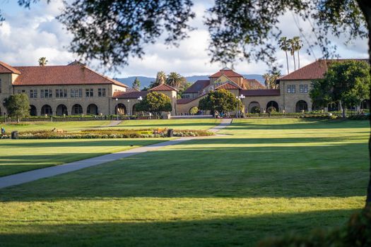 Serene view of Stanford University's iconic campus buildings and lush gardens.