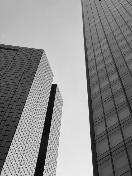 Free Low angle view of modern skyscrapers reaching into the sky in black and white. Urban architectural marvel. Stock Photo