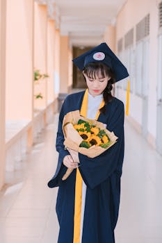 Elegant portrait of a young graduate in cap and gown holding a sunflower bouquet indoors.
