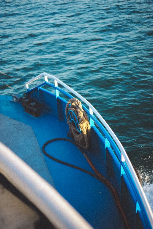 Free View of a sailboat's bow with attached rope floating on the open ocean under clear daylight. Stock Photo
