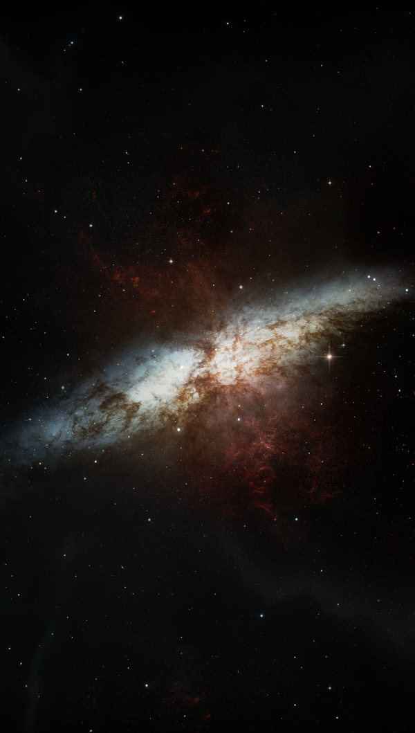 Uma vista deslumbrante de uma galáxia distante cercada por um espaço escuro e estrelas brilhantes.