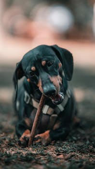 Black dachshund playfully chewing a stick while lying on grass in a selective focus outdoors setting.