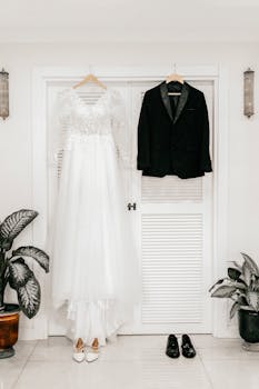 Elegant wedding dress and tuxedo hanging in a stylish room, ready for a special occasion.