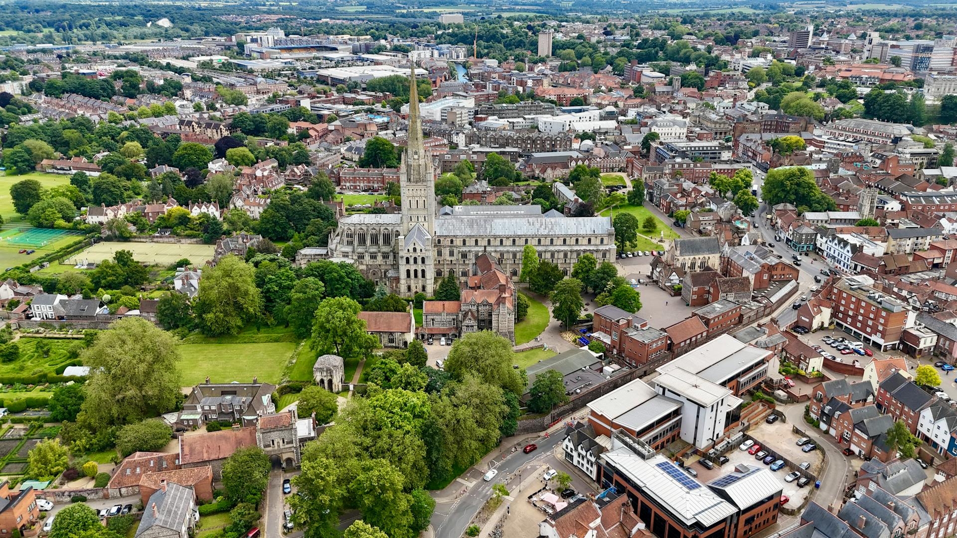 Cityscape of Norwich with View of the Cathedral, Norfolk, England