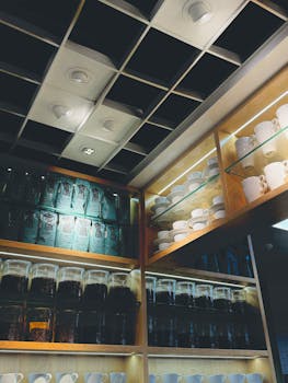 A vibrant coffee shop display with cups and coffee beans on well-lit wooden shelves.