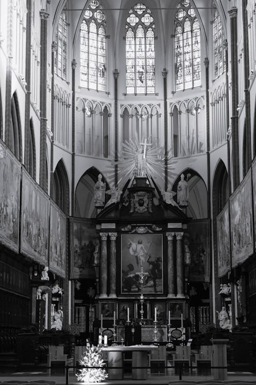 A black and white photo of a church