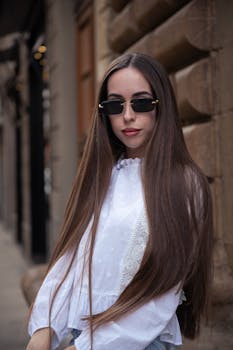 Elegant young woman posing in Florence, Italy, with sunglasses and long hair.