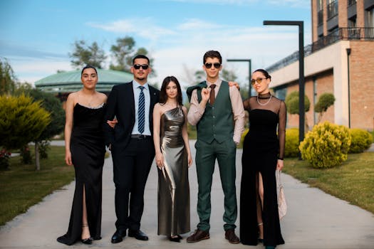 A stylish group of five adults in formal attire posing outdoors on a sunny day.
