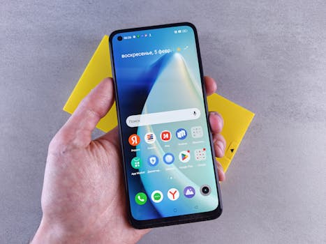 Detailed view of a hand holding a smartphone displaying apps on the screen, symbolizing technology and communication.