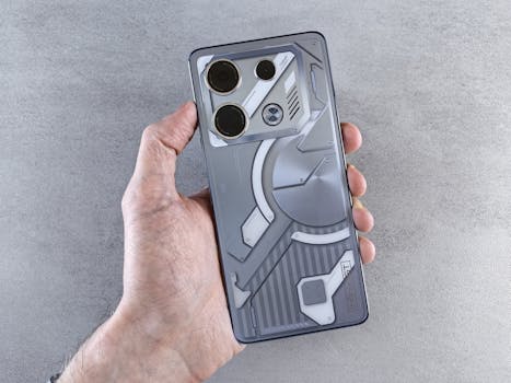 Close-up of a hand holding a futuristic smartphone with a unique back panel design over a gray background.