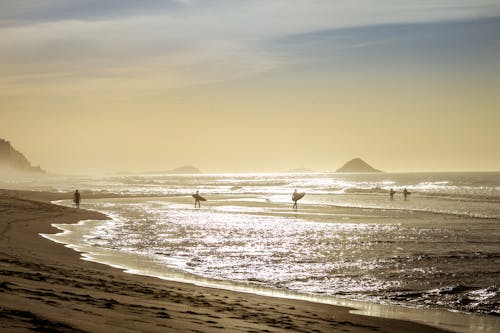 Free Peaceful surfers enjoying the Rio de Janeiro ocean waves at sunset, capturing a serene beach scene. Stock Photo